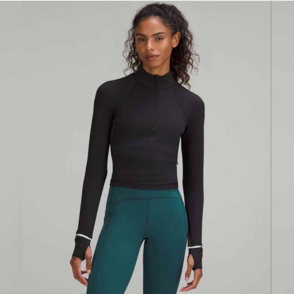 NWT/ Lululemon “It’s Rulu Ribbed Cropped Half Zip” Black Long Sleeve Top
